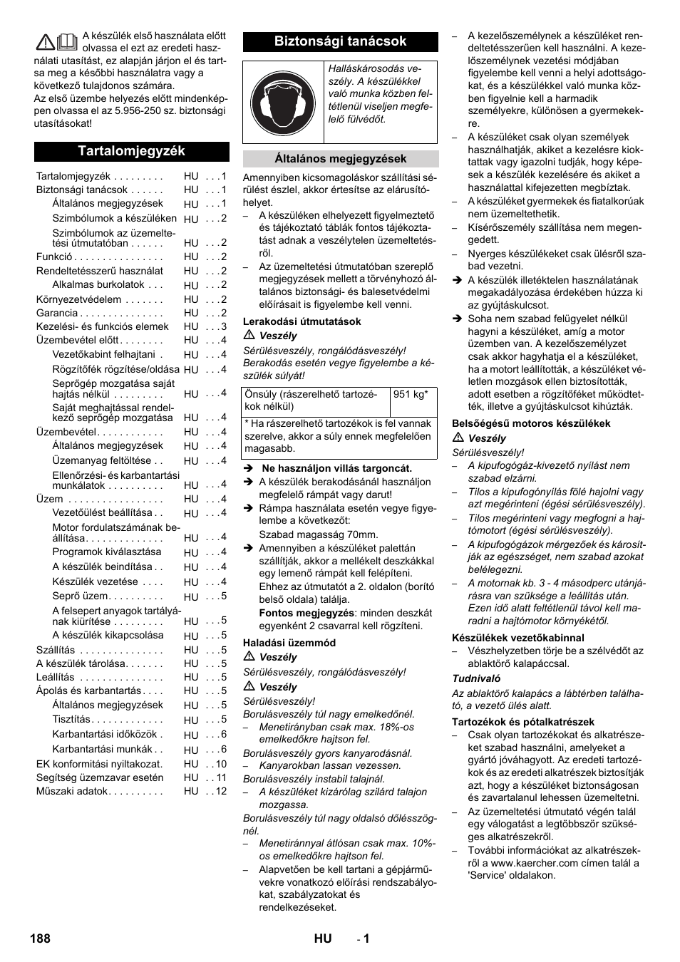 Hu magyar, Tartalomjegyzék, Biztonsági tanácsok | Karcher KM 130-300 D User Manual | Page 188 / 392