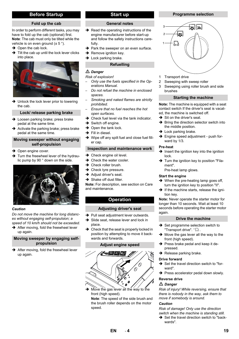Before startup, Start up, Operation | Karcher KM 130-300 D User Manual | Page 19 / 392