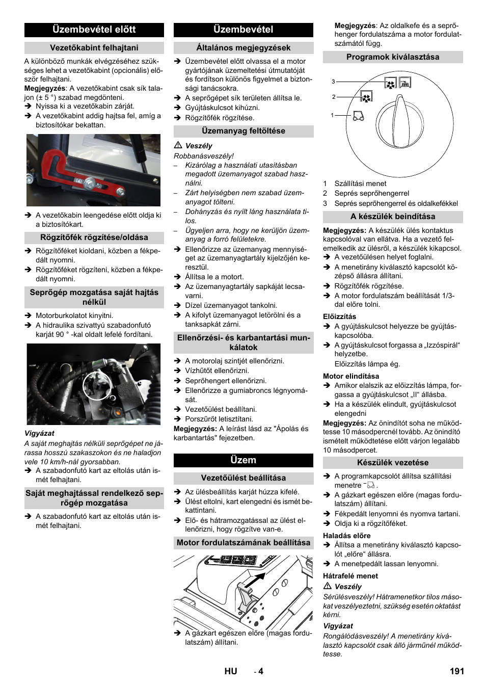 Üzembevétel előtt, Üzembevétel, Üzem | Karcher KM 130-300 D User Manual | Page 191 / 392
