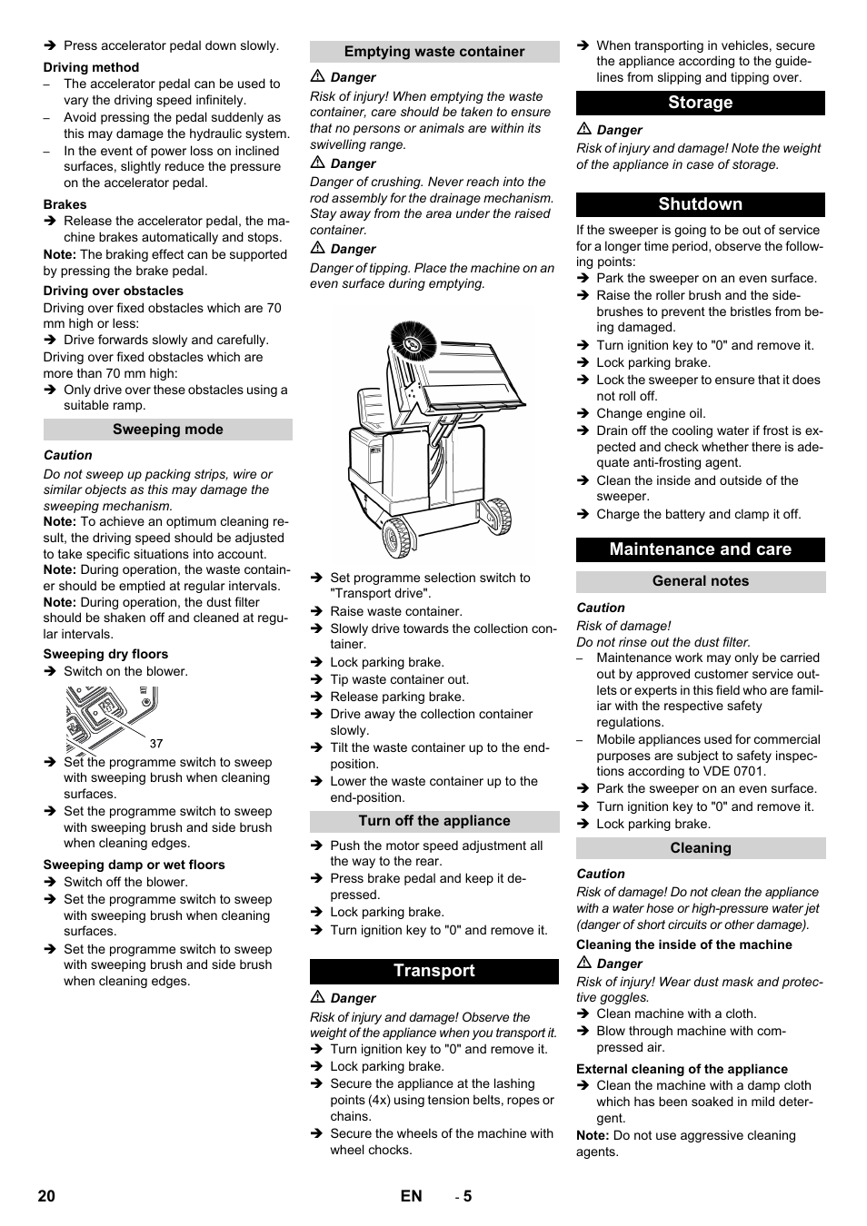 Transport storage shutdown maintenance and care | Karcher KM 130-300 D User Manual | Page 20 / 392