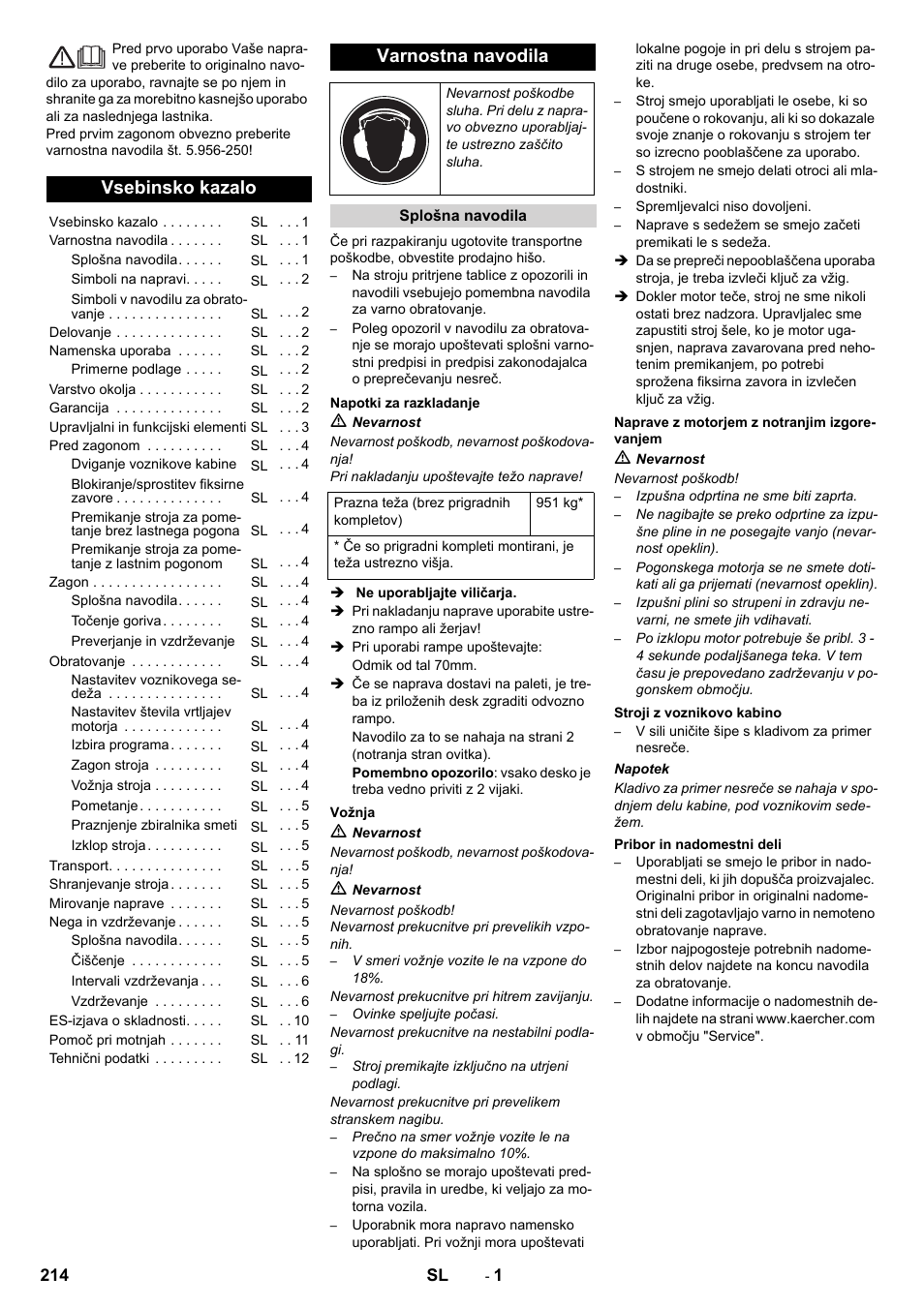 Sl slovenščina, Vsebinsko kazalo, Varnostna navodila | Karcher KM 130-300 D User Manual | Page 214 / 392