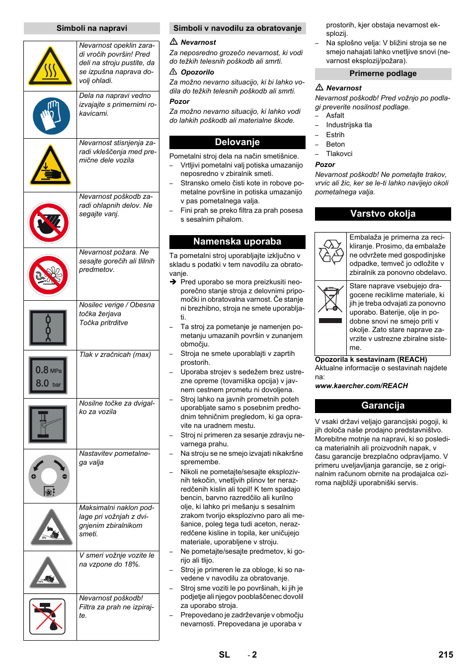 Delovanje namenska uporaba, Varstvo okolja, Garancija | Karcher KM 130-300 D User Manual | Page 215 / 392
