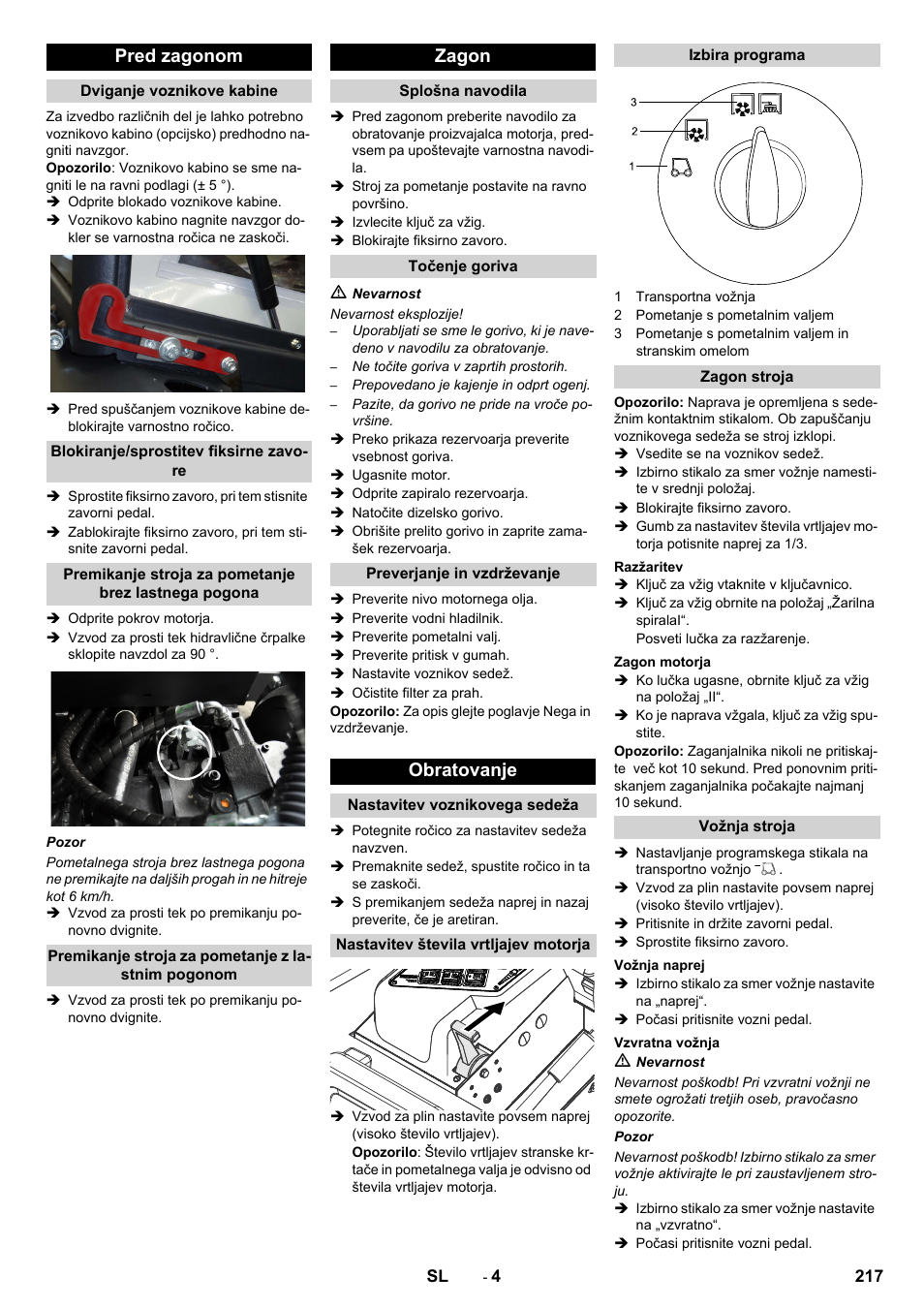 Pred zagonom, Zagon, Obratovanje | Karcher KM 130-300 D User Manual | Page 217 / 392