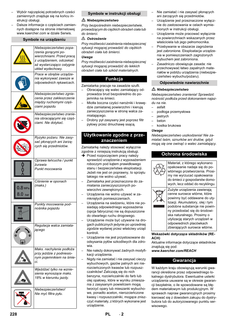 Funkcja użytkowanie zgodne z prze- znaczeniem, Ochrona środowiska, Gwarancja | Karcher KM 130-300 D User Manual | Page 228 / 392