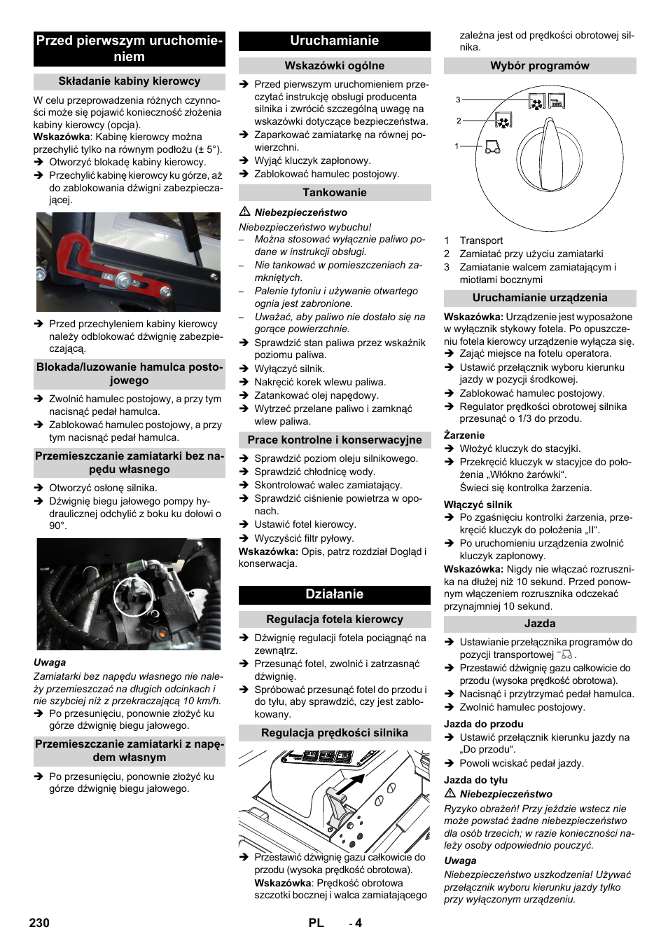 Przed pierwszym uruchomie- niem, Uruchamianie, Działanie | Karcher KM 130-300 D User Manual | Page 230 / 392