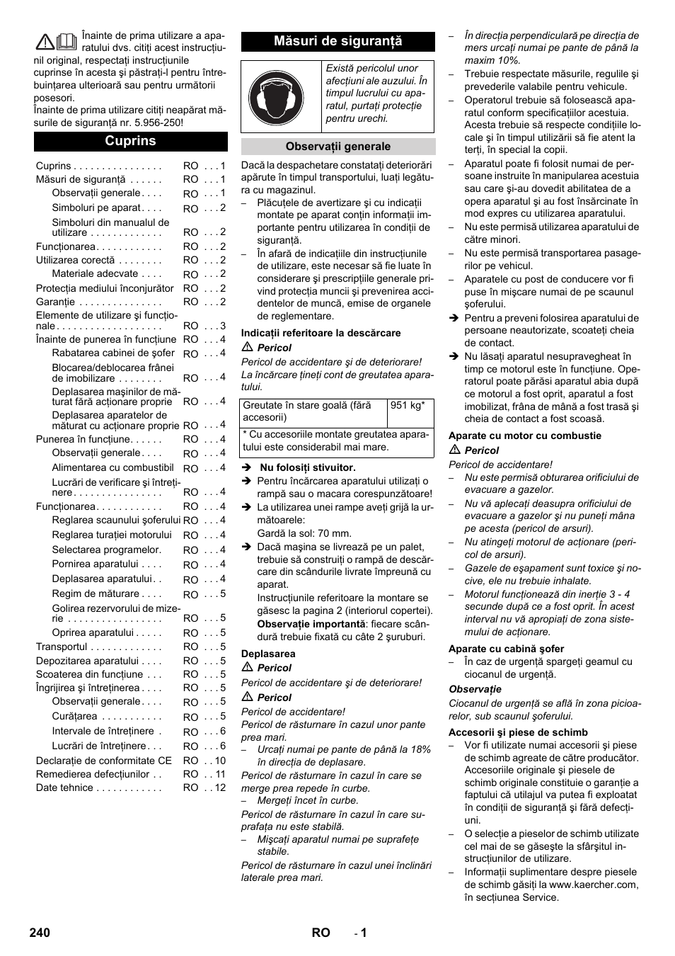 Ro româneşte, Cuprins, Măsuri de siguranţă | Karcher KM 130-300 D User Manual | Page 240 / 392