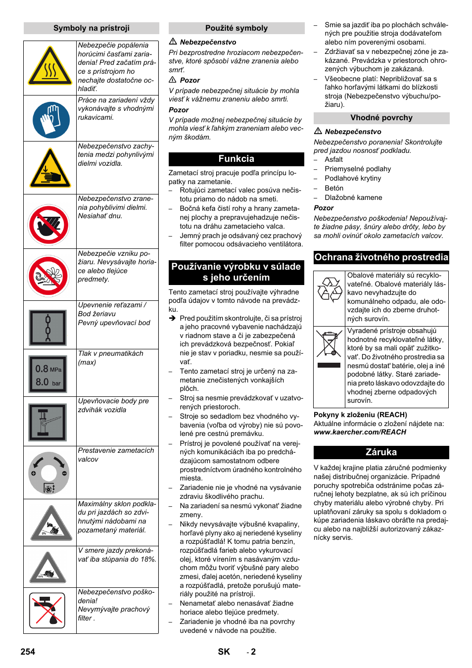 Funkcia používanie výrobku v súlade s jeho určením, Ochrana životného prostredia, Záruka | Karcher KM 130-300 D User Manual | Page 254 / 392