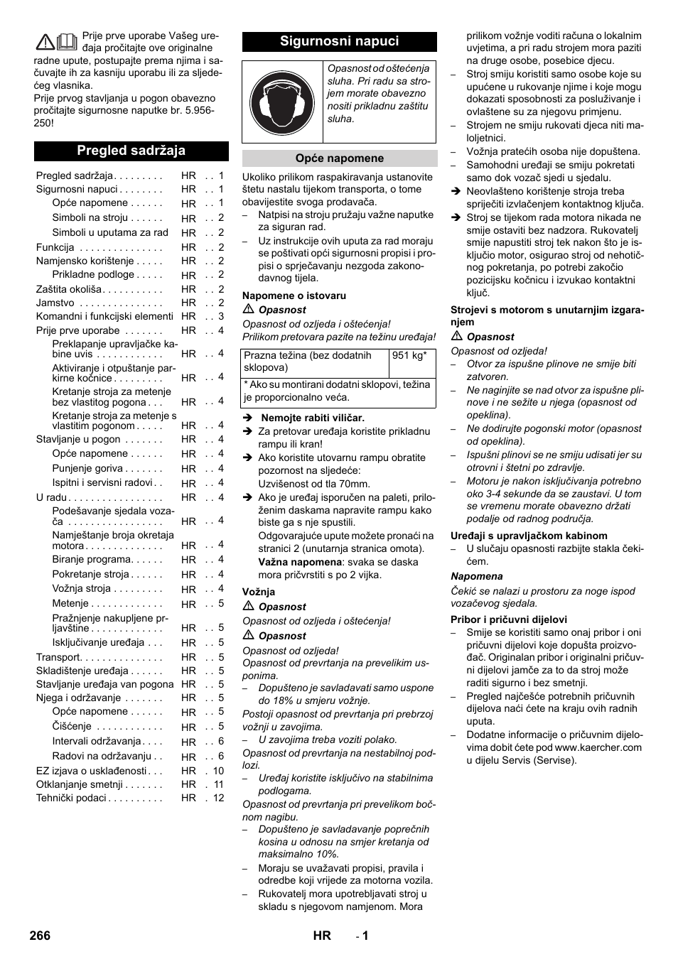 Hr hrvatski, Pregled sadržaja, Sigurnosni napuci | Karcher KM 130-300 D User Manual | Page 266 / 392