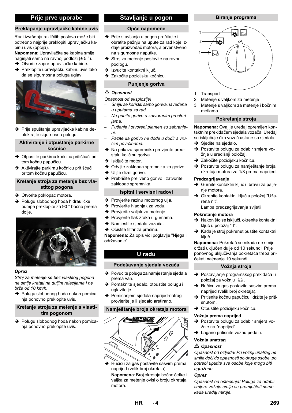 Prije prve uporabe, Stavljanje u pogon, U radu | Karcher KM 130-300 D User Manual | Page 269 / 392