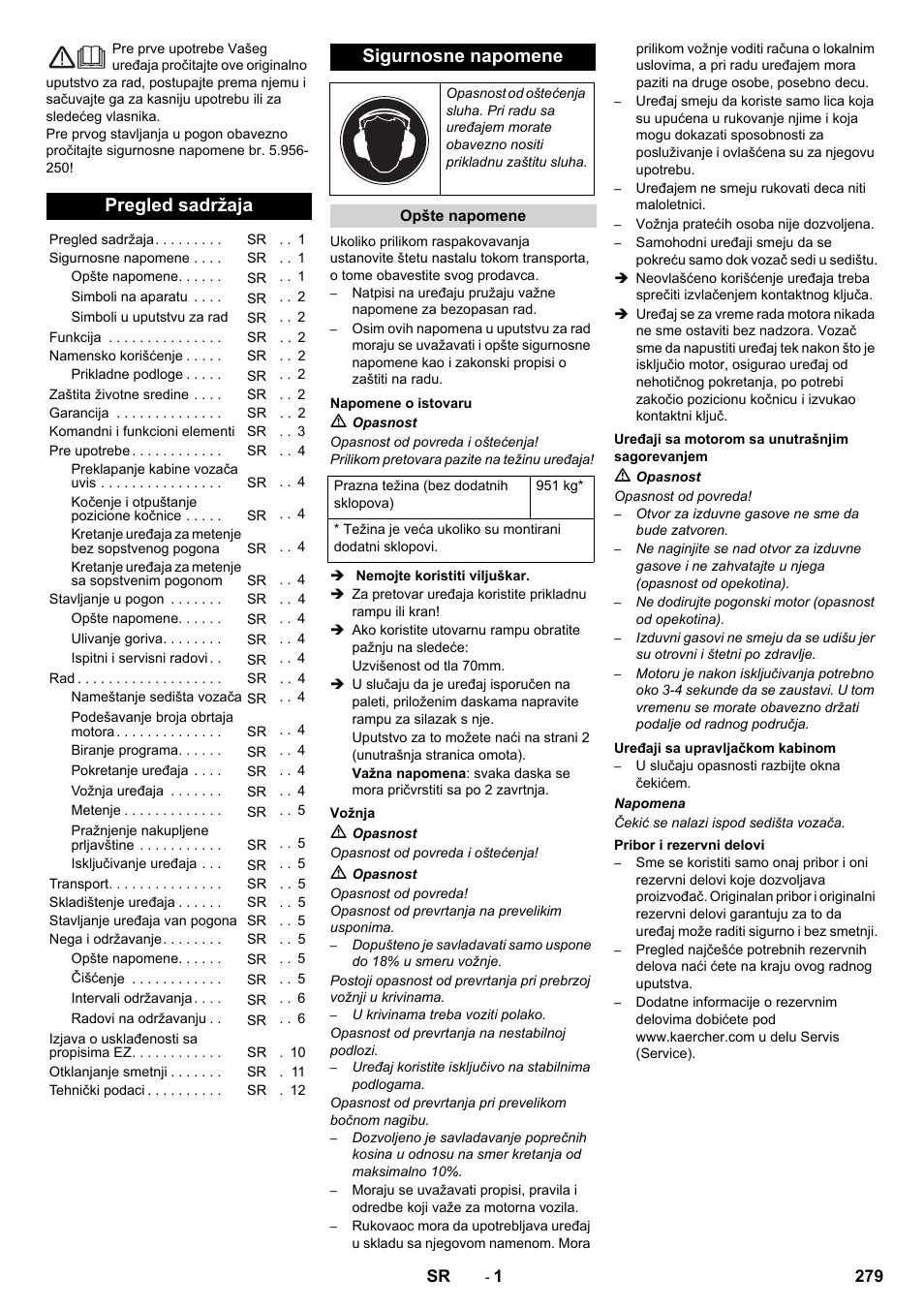 Sr srpski, Pregled sadržaja, Sigurnosne napomene | Karcher KM 130-300 D User Manual | Page 279 / 392