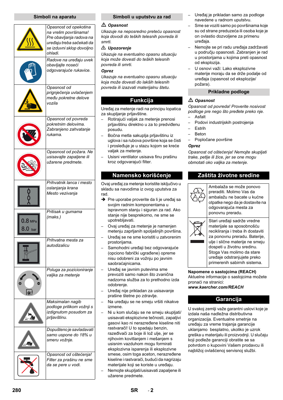 Funkcija namensko korišćenje, Zaštita životne sredine, Garancija | Karcher KM 130-300 D User Manual | Page 280 / 392