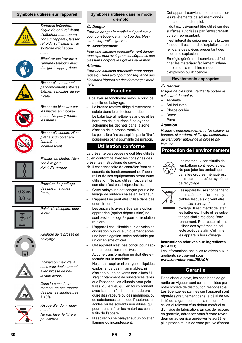 Fonction utilisation conforme, Protection de l’environnement, Garantie | Karcher KM 130-300 D User Manual | Page 30 / 392