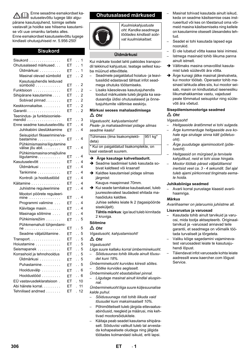 Et eesti, Sisukord, Ohutusalased märkused | Karcher KM 130-300 D User Manual | Page 306 / 392