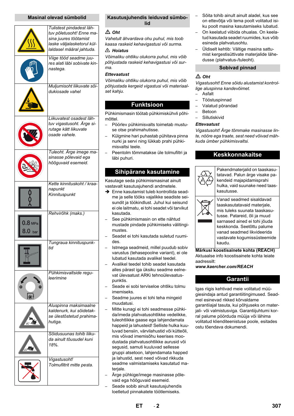 Funktsioon sihipärane kasutamine, Keskkonnakaitse, Garantii | Karcher KM 130-300 D User Manual | Page 307 / 392
