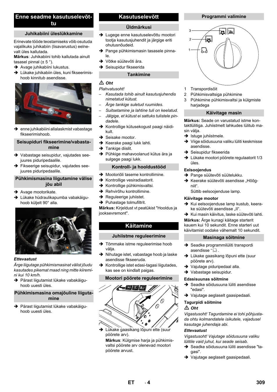 Enne seadme kasutuselevõt- tu, Kasutuselevõtt, Käitamine | Karcher KM 130-300 D User Manual | Page 309 / 392