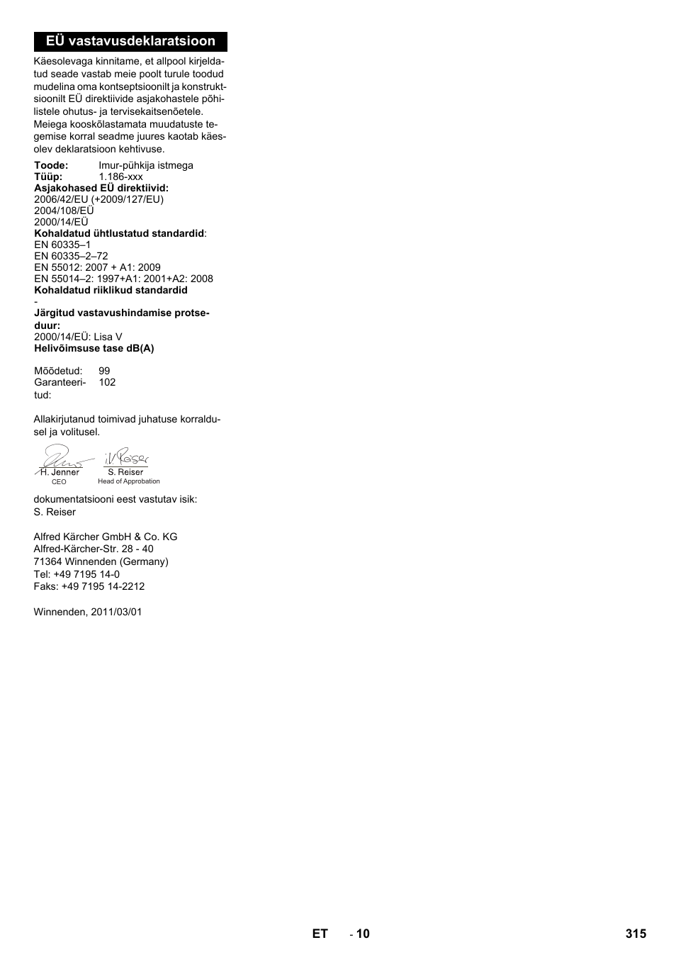 Eü vastavusdeklaratsioon | Karcher KM 130-300 D User Manual | Page 315 / 392