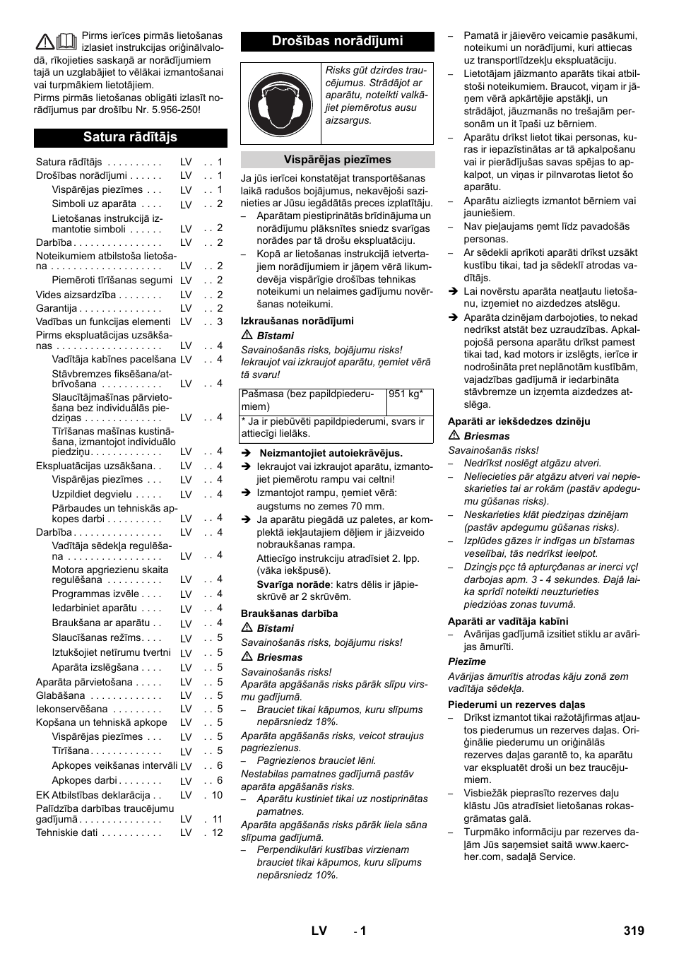 Lv latviešu, Satura rādītājs, Drošības norādījumi | Karcher KM 130-300 D User Manual | Page 319 / 392