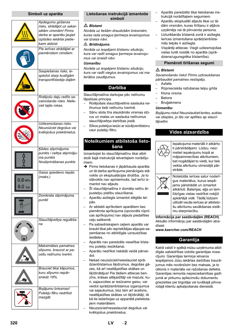 Vides aizsardzība, Garantija | Karcher KM 130-300 D User Manual | Page 320 / 392