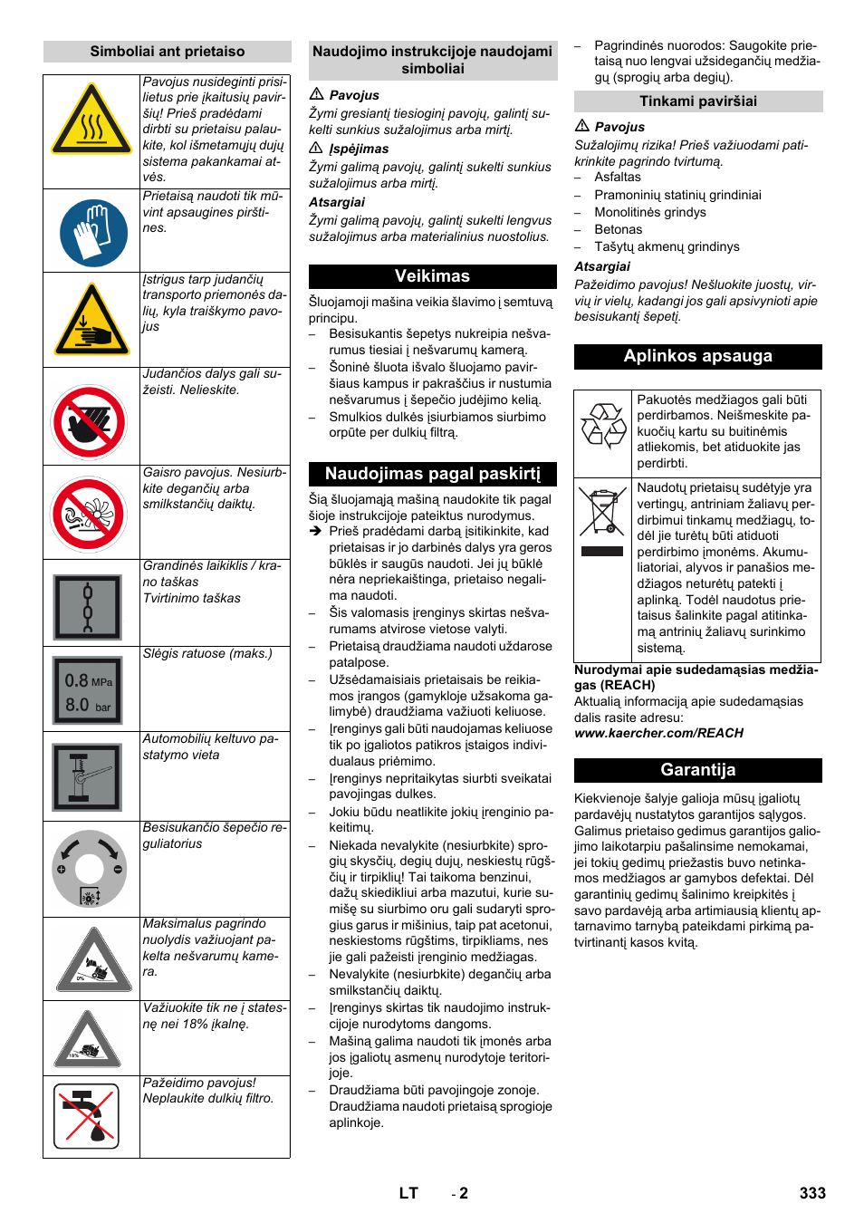 Veikimas naudojimas pagal paskirtį, Aplinkos apsauga, Garantija | Karcher KM 130-300 D User Manual | Page 333 / 392