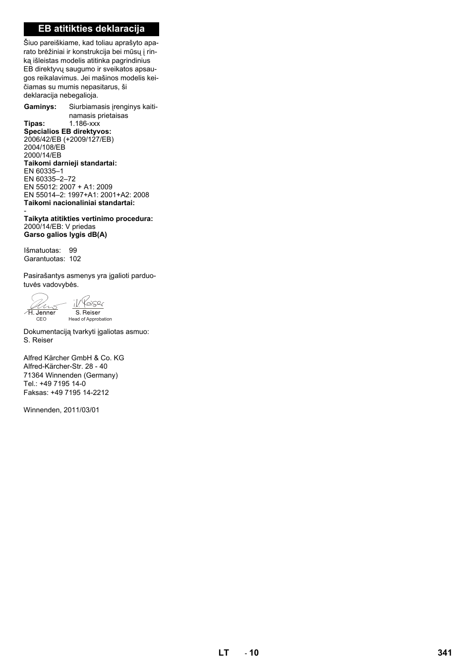 Eb atitikties deklaracija | Karcher KM 130-300 D User Manual | Page 341 / 392