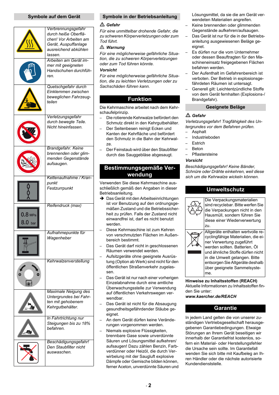 Symbole auf dem gerät, Symbole in der betriebsanlei, Tung | Funktion, Bestimmungsgemäße verwen, Dung, Geeignete beläge, Umweltschutz, Garantie, Funktion bestimmungsgemäße ver- wendung | Karcher KM 130-300 D User Manual | Page 4 / 392