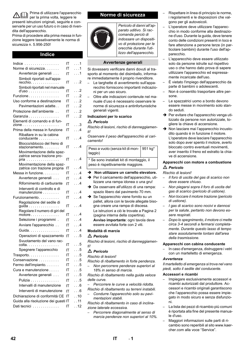 It italiano, Indice, Norme di sicurezza | Karcher KM 130-300 D User Manual | Page 42 / 392