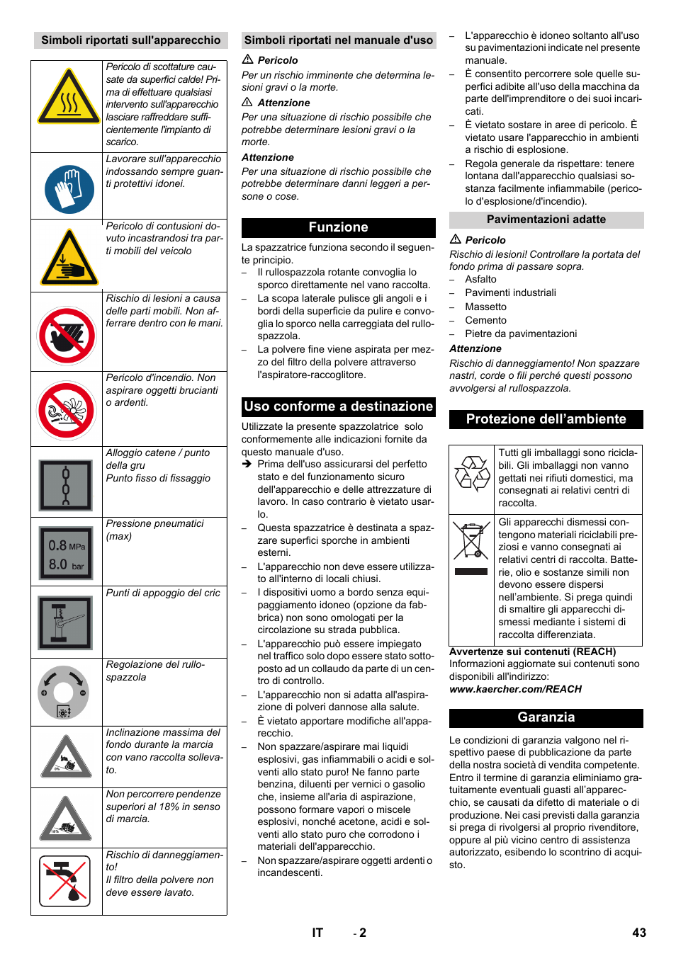 Funzione uso conforme a destinazione, Protezione dell’ambiente, Garanzia | Karcher KM 130-300 D User Manual | Page 43 / 392