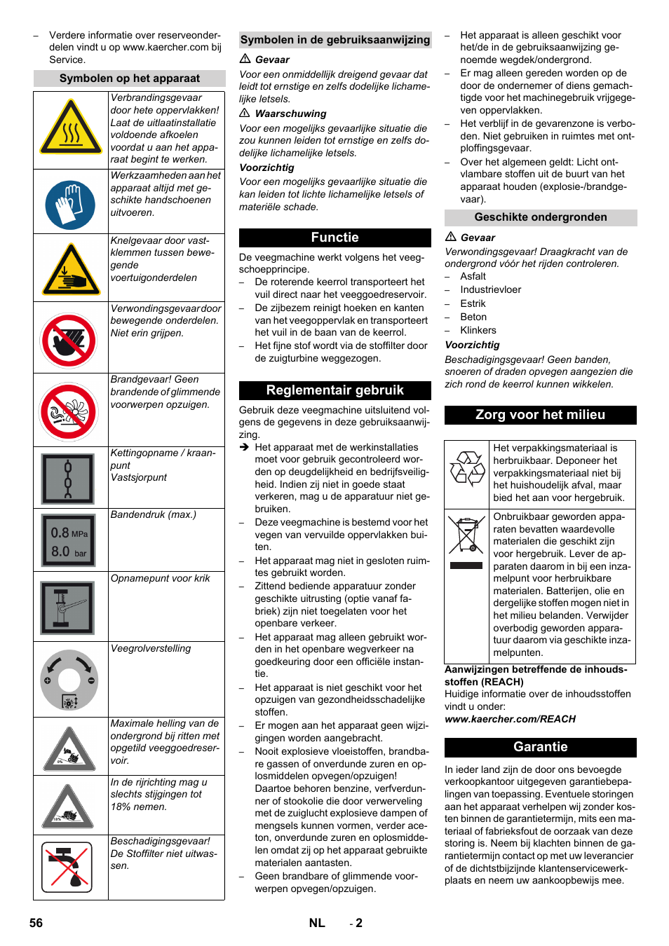 Functie reglementair gebruik, Zorg voor het milieu, Garantie | Karcher KM 130-300 D User Manual | Page 56 / 392