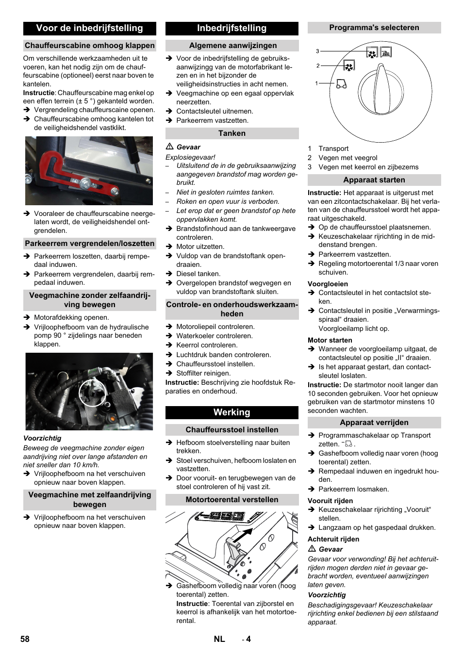 Voor de inbedrijfstelling, Inbedrijfstelling, Werking | Karcher KM 130-300 D User Manual | Page 58 / 392