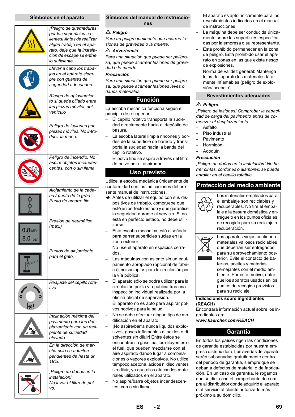 Función uso previsto, Protección del medio ambiente, Garantía | Karcher KM 130-300 D User Manual | Page 69 / 392