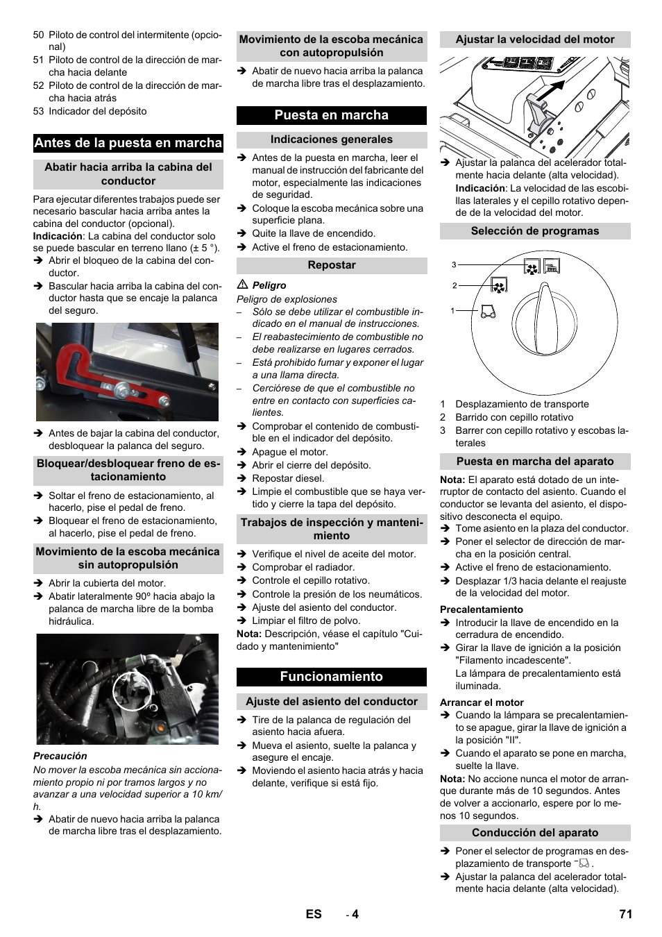 Antes de la puesta en marcha, Puesta en marcha, Funcionamiento | Karcher KM 130-300 D User Manual | Page 71 / 392