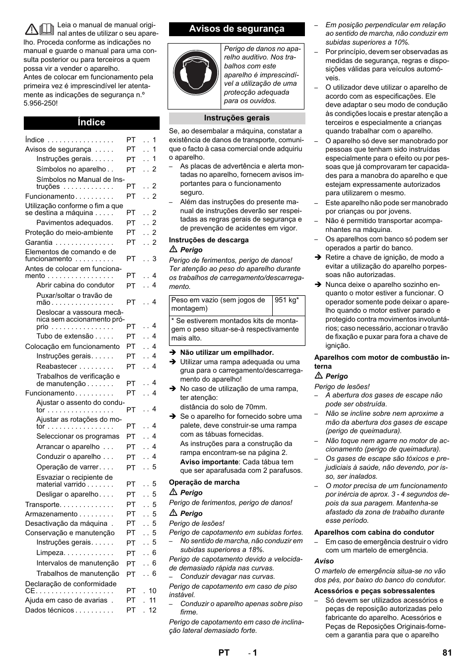 Pt português, Índice, Avisos de segurança | Karcher KM 130-300 D User Manual | Page 81 / 392