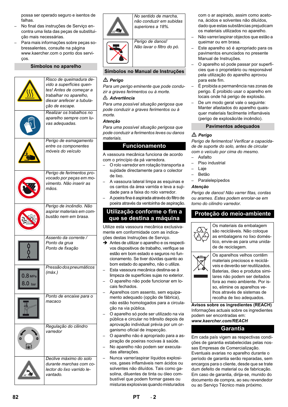 Proteção do meio-ambiente, Garantia | Karcher KM 130-300 D User Manual | Page 82 / 392