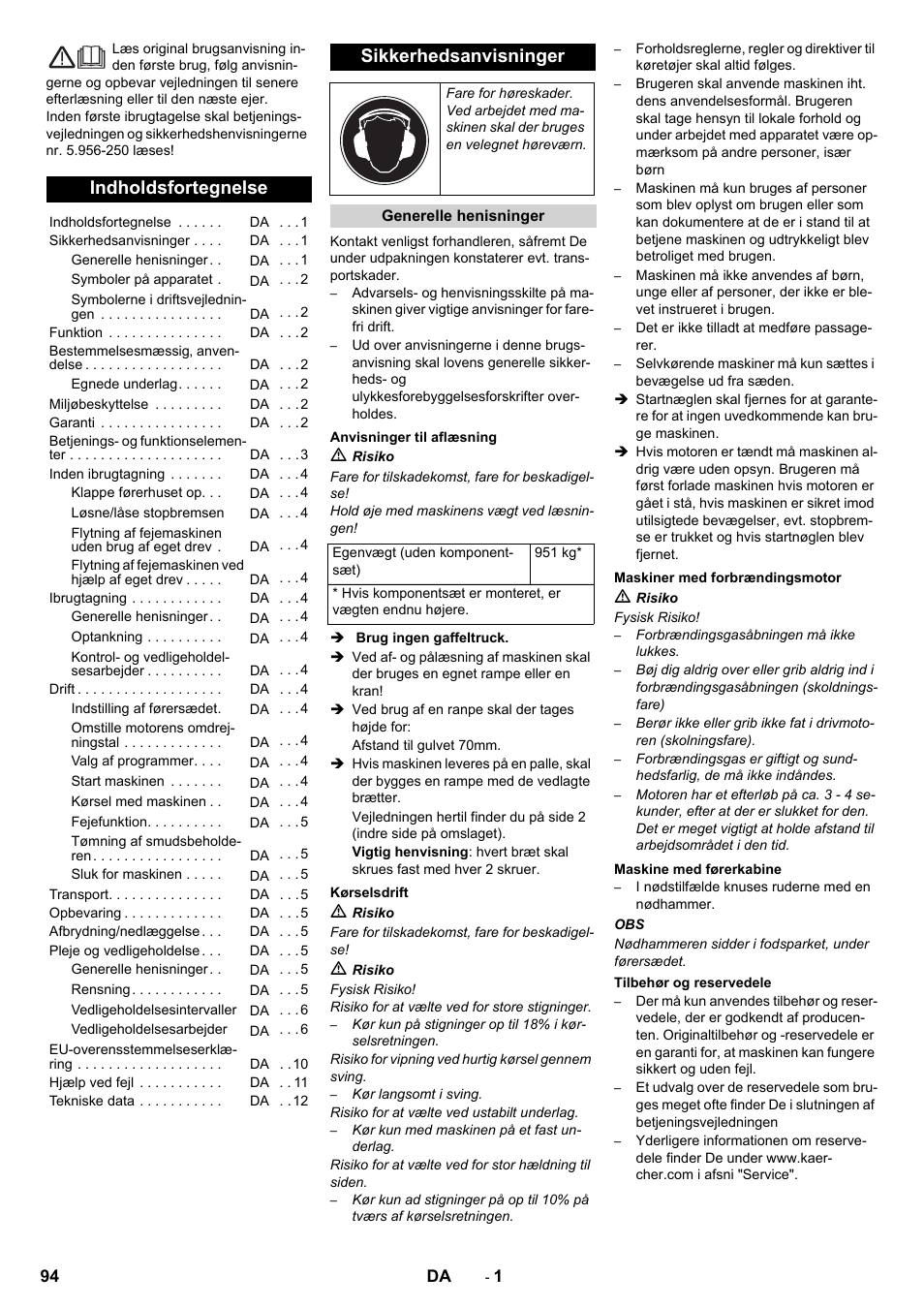 Da dansk, Indholdsfortegnelse, Sikkerhedsanvisninger | Karcher KM 130-300 D User Manual | Page 94 / 392
