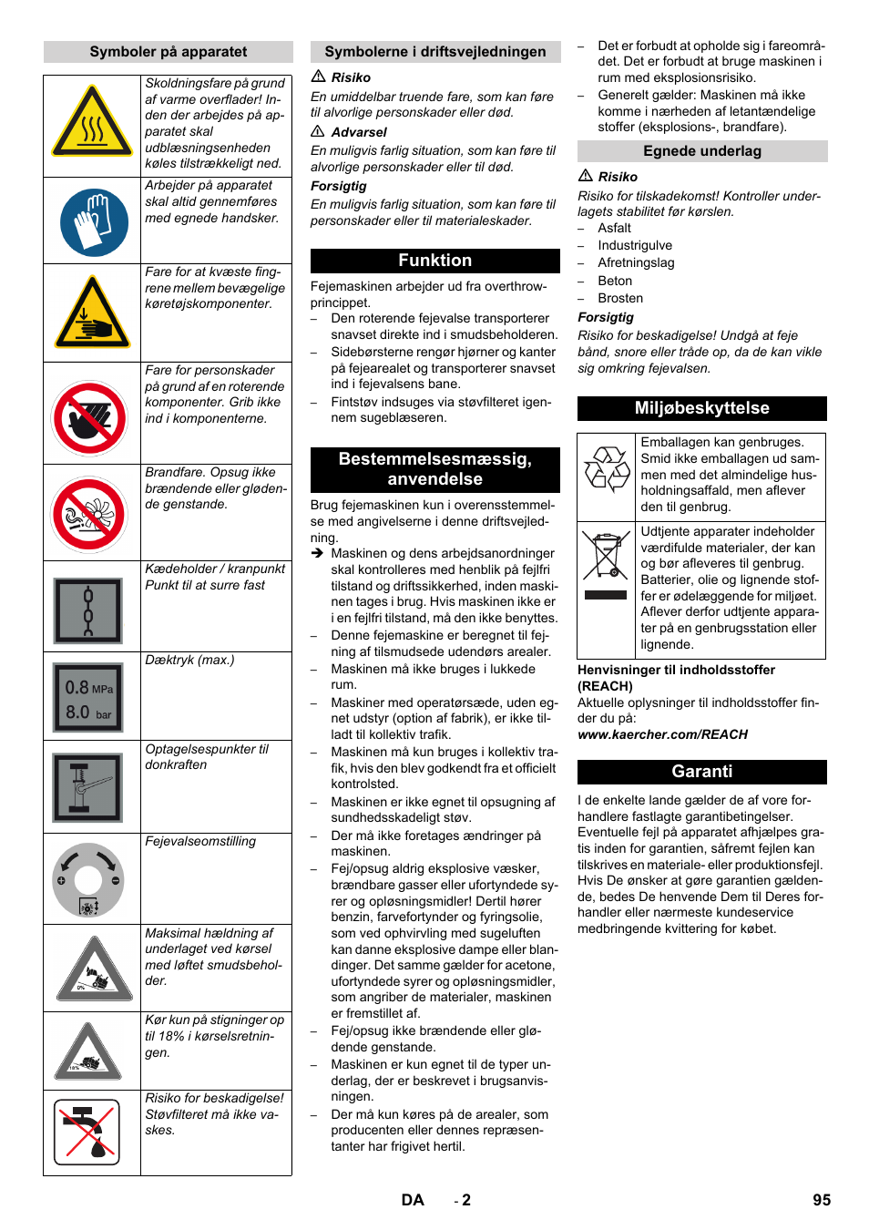Funktion bestemmelsesmæssig‚ anvendelse, Miljøbeskyttelse, Garanti | Karcher KM 130-300 D User Manual | Page 95 / 392