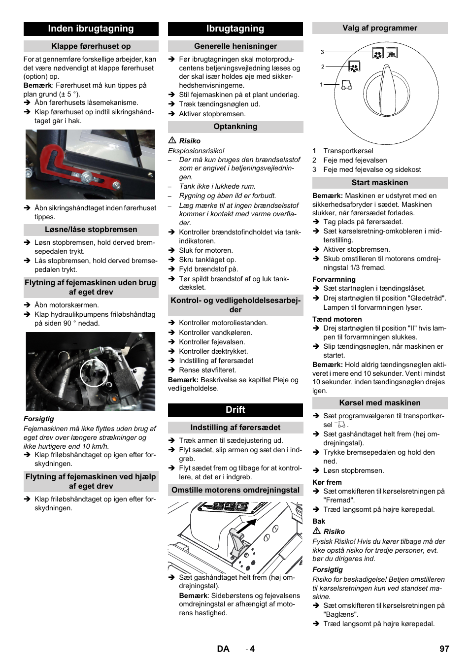Inden ibrugtagning, Ibrugtagning, Drift | Karcher KM 130-300 D User Manual | Page 97 / 392