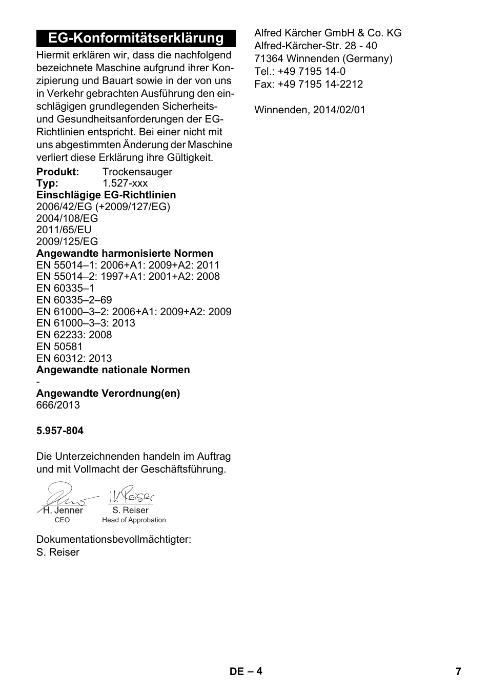 Eg-konformitätserklärung | Karcher T 7-1 eco!efficiency User Manual | Page 7 / 144