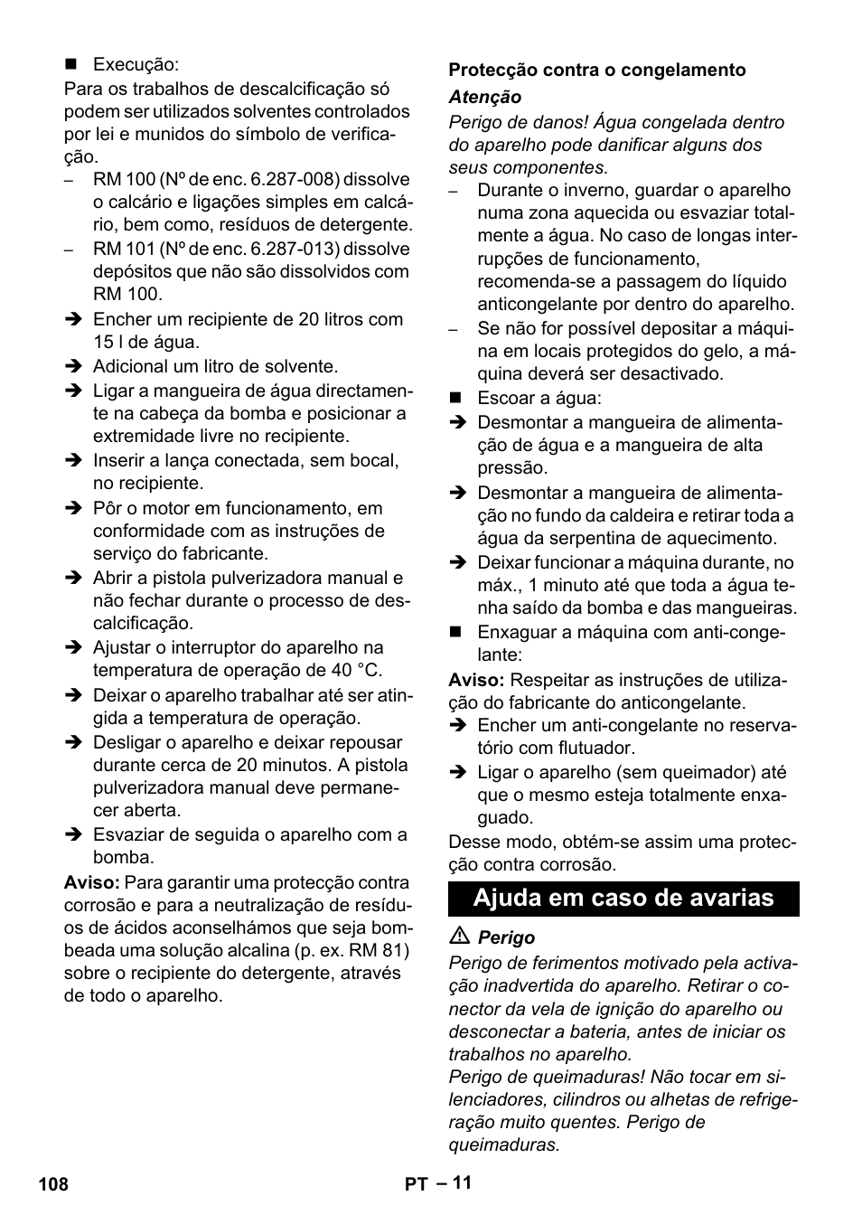 Protecção contra o congelamento, Ajuda em caso de avarias | Karcher HDS 1000 Be User Manual | Page 108 / 436