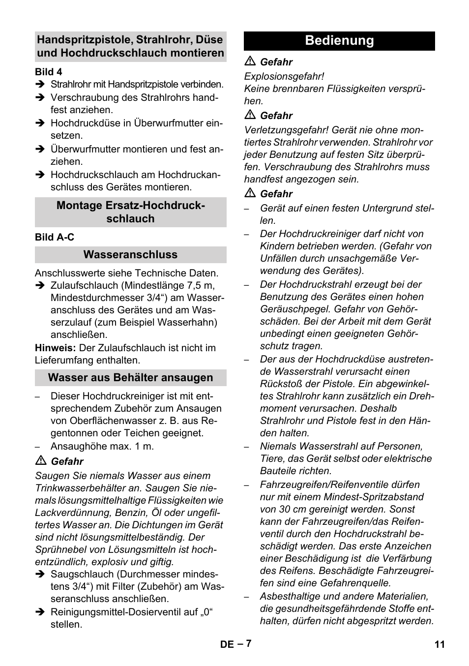 Montage ersatz-hochdruckschlauch, Wasseranschluss, Wasser aus behälter ansaugen | Bedienung | Karcher HDS 1000 Be User Manual | Page 11 / 436