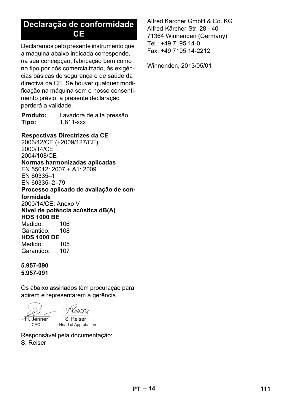 Declaração de conformidade ce | Karcher HDS 1000 Be User Manual | Page 111 / 436