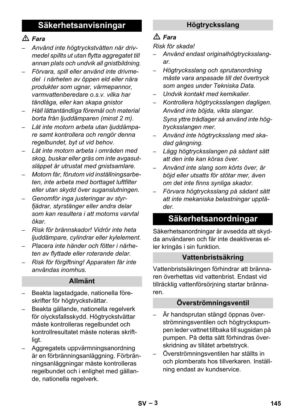 Säkerhetsanvisningar, Allmänt, Högtrycksslang | Säkerhetsanordningar, Vattenbristsäkring, Överströmningsventil | Karcher HDS 1000 Be User Manual | Page 145 / 436