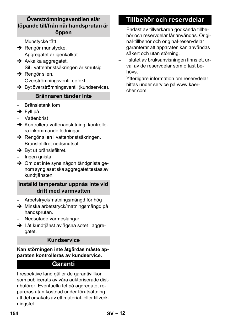 Brännaren tänder inte, Kundservice, Garanti | Tillbehör och reservdelar, Garanti tillbehör och reservdelar | Karcher HDS 1000 Be User Manual | Page 154 / 436
