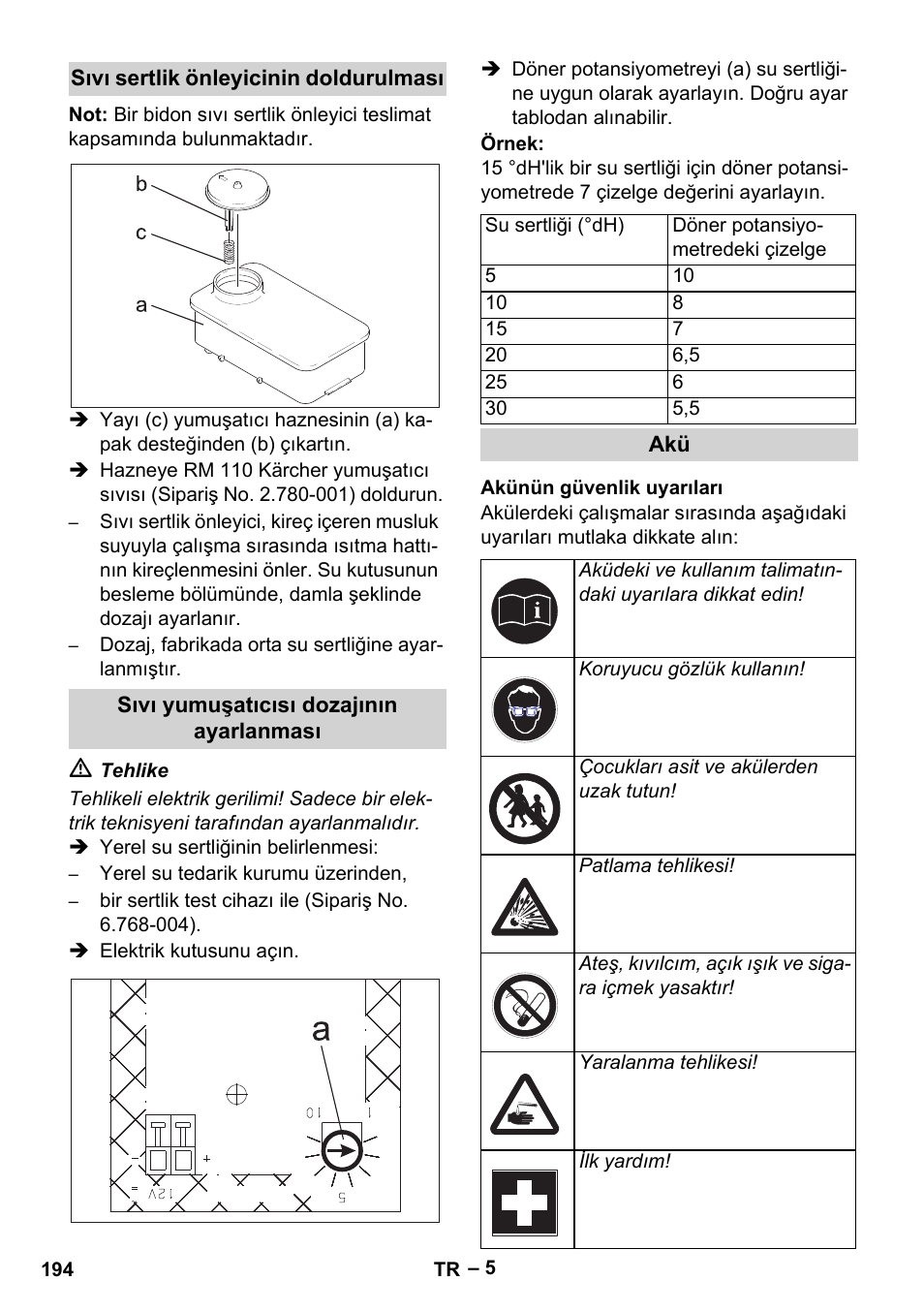 Sıvı sertlik önleyicinin doldurulması, Sıvı yumuşatıcısı dozajının ayarlanması, Akünün güvenlik uyarıları | Karcher HDS 1000 Be User Manual | Page 194 / 436