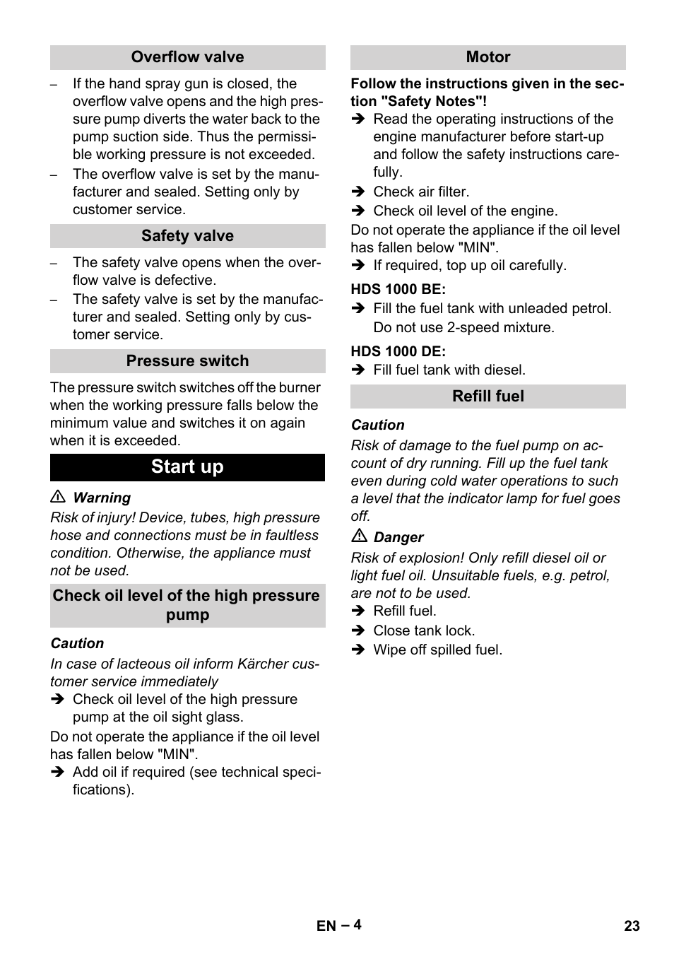 Overflow valve, Safety valve, Pressure switch | Start up, Check oil level of the high pressure pump, Motor, Hds 1000 be, Hds 1000 de, Refill fuel | Karcher HDS 1000 Be User Manual | Page 23 / 436