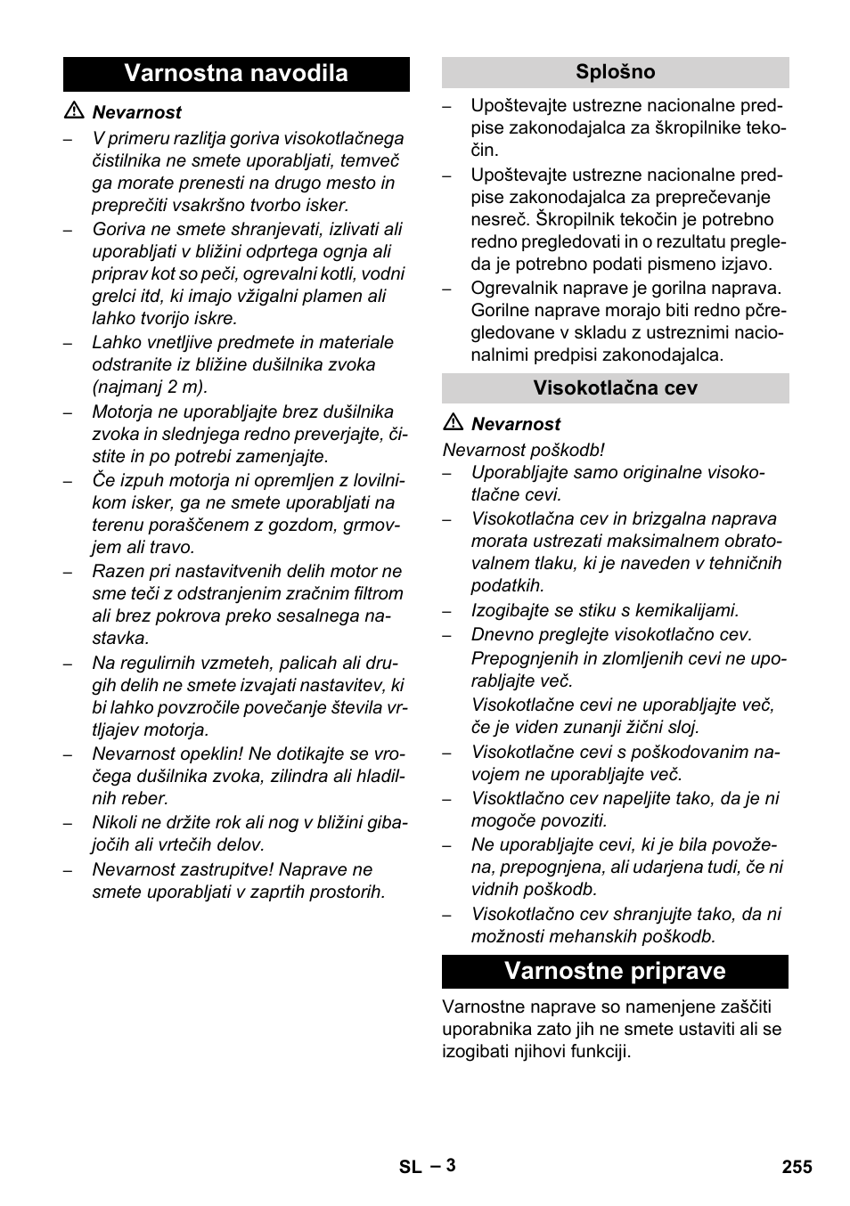 Varnostna navodila, Splošno, Visokotlačna cev | Varnostne priprave | Karcher HDS 1000 Be User Manual | Page 255 / 436