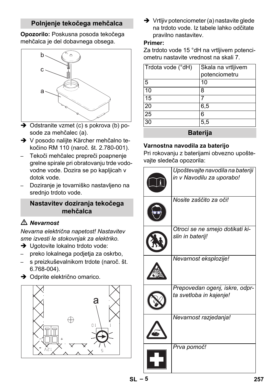 Polnjenje tekočega mehčalca, Nastavitev doziranja tekočega mehčalca, Baterija | Varnostna navodila za baterijo | Karcher HDS 1000 Be User Manual | Page 257 / 436