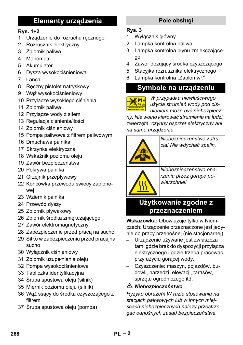 Elementy urządzenia, Pole obsługi, Symbole na urządzeniu | Użytkowanie zgodne z przeznaczeniem | Karcher HDS 1000 Be User Manual | Page 268 / 436