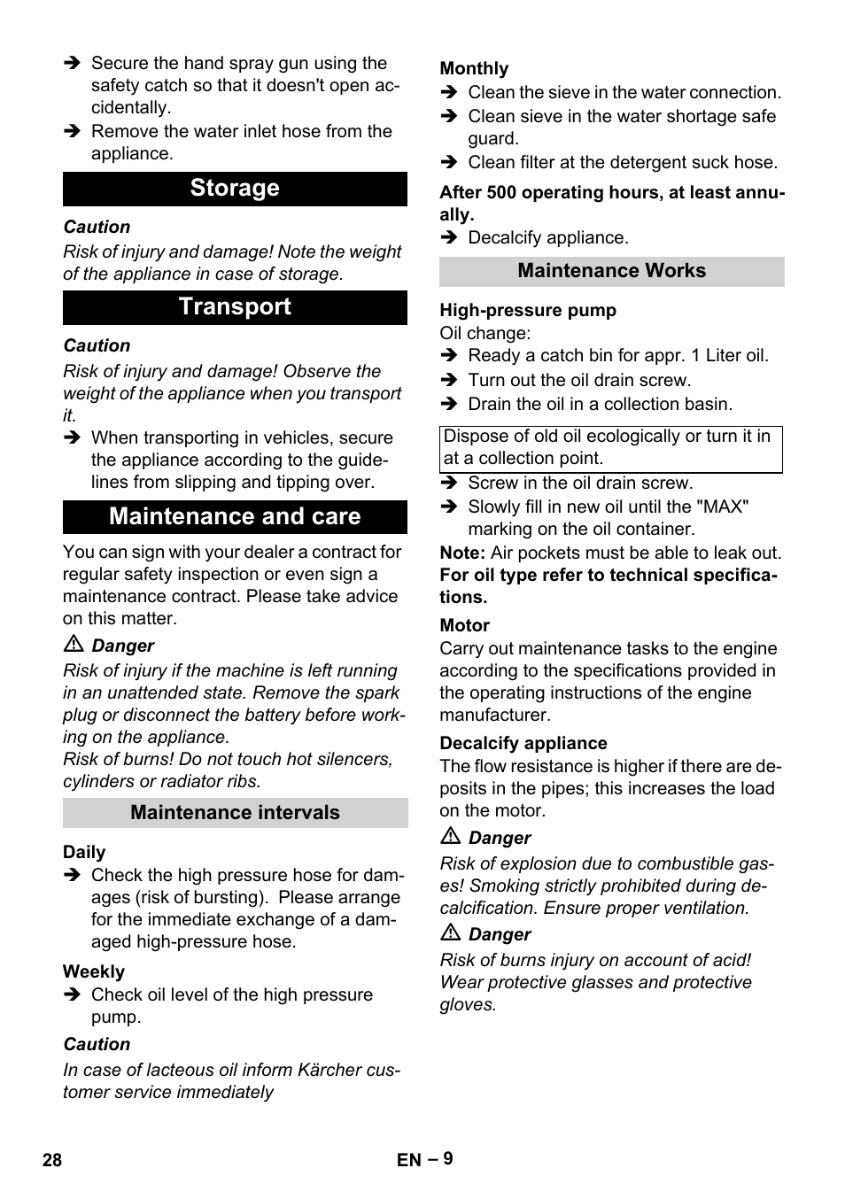 Storage, Transport, Maintenance and care | Maintenance intervals, Daily, Weekly, Monthly, After 500 operating hours, at least annually, Maintenance works, High-pressure pump | Karcher HDS 1000 Be User Manual | Page 28 / 436