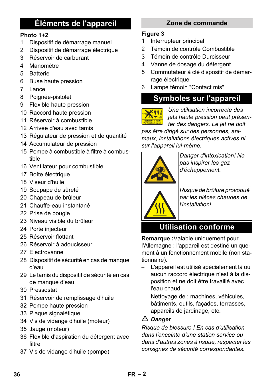Éléments de l'appareil, Zone de commande, Symboles sur l'appareil | Utilisation conforme | Karcher HDS 1000 Be User Manual | Page 36 / 436