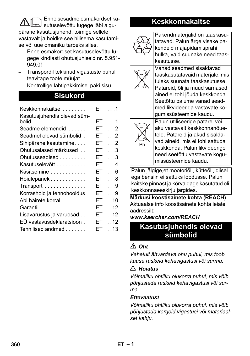 Eesti, Sisukord, Keskkonnakaitse | Kasutusjuhendis olevad sümbolid | Karcher HDS 1000 Be User Manual | Page 360 / 436